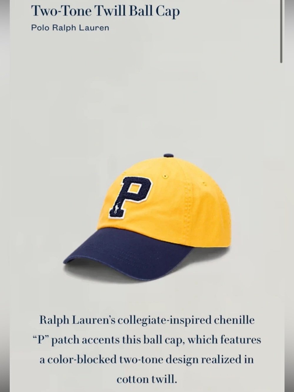 Ralph Lauren by Two-Tone Yellow & Navy Twill Ball Cap NWT Adult Adjustable